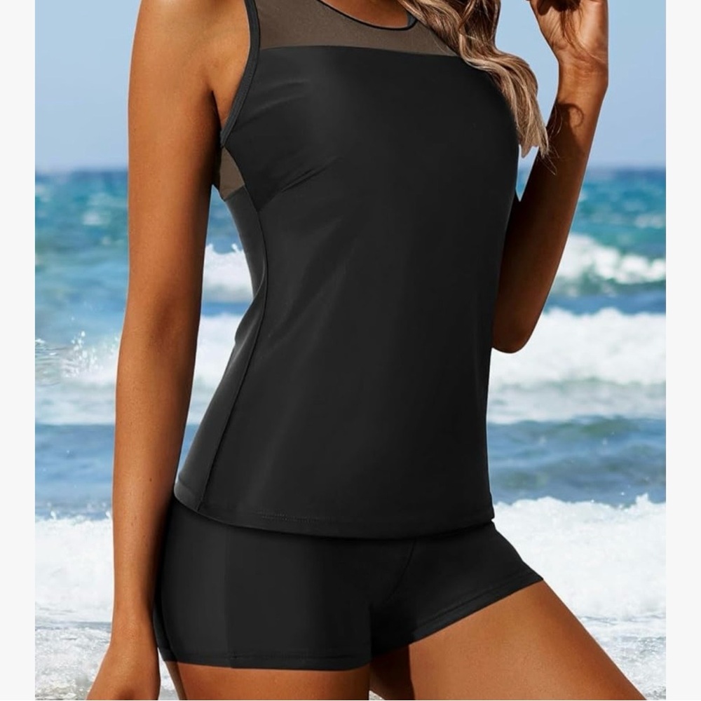 Younique Tankini Black Mesh Tank Top and Shorts Set - Picture 3 of 3